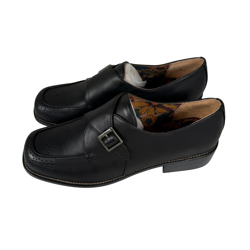 Korks Women 9 Loafers Black Monk Strap Buckle Brogue Dark Academia Preppy Office